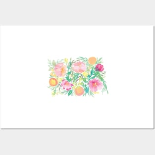 Watercolor Pink Florals with Peaches Posters and Art